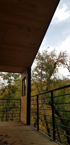 a porch of a house with a view of the woods at Vivelodge in Las Trancas