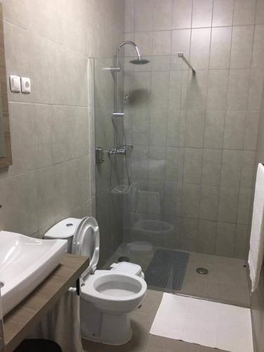 a bathroom with a shower and a toilet and a sink at Casa do Avô Silva in Santa Cruz das Flores