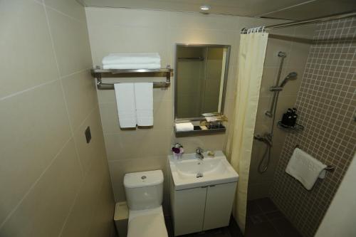ein Bad mit einem WC, einem Waschbecken und einer Dusche in der Unterkunft WE Hotel in Hongkong