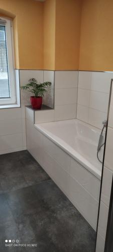 baño con bañera blanca y maceta en Ferienwohnung Berger, 