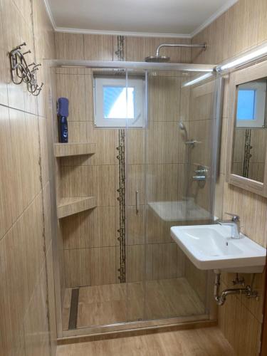 a bathroom with a shower and a sink at Tünde Vendégház in Tiszakécske