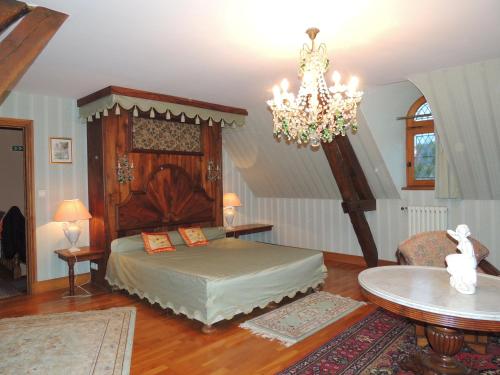 a bedroom with a bed and a chandelier at Domaine de La Vitrolle in Limeuil