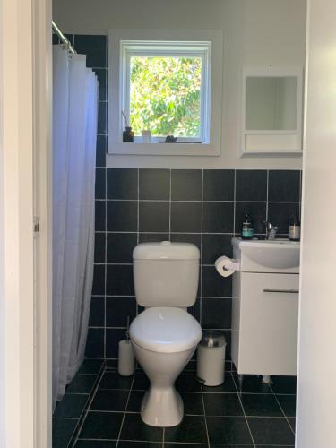 a bathroom with a toilet and a sink and a window at Aroha Studio in Katoomba