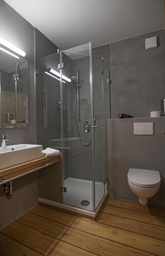 a bathroom with a shower and a toilet and a sink at Hagen`s Hotel "eat & meet" Restaurant Bar Lounge in Haren