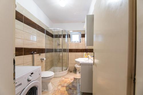een badkamer met een douche, een toilet en een wastafel bij Jasna Crikvenica in Crikvenica