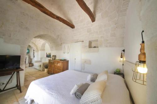 アルベロベッロにあるTrulli Il Pinnacolo Verdeのベッドルーム(白いベッド1台、テレビ付)