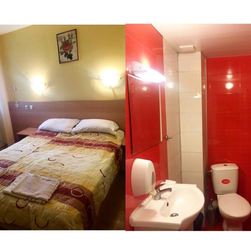 two pictures of a bathroom with a bed and a sink at Guest House Pri Germanetsa in Pavel Banya