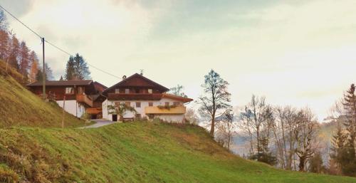 ein Haus auf einem grünen Hügel in der Unterkunft Rastnerhof in St. Lorenzen