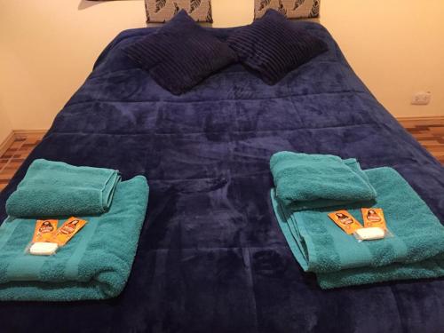 - un lit avec des draps et des serviettes verts dans l'établissement Cabañas Buen Aike, à Malargüe