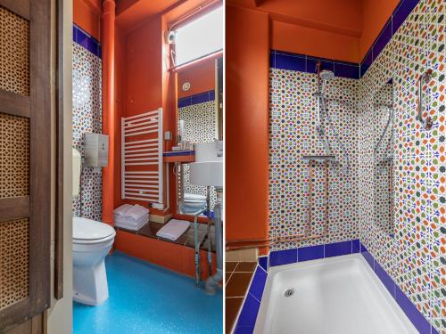 two pictures of a bathroom with a tub and a toilet at Hotel Bazar in Rotterdam