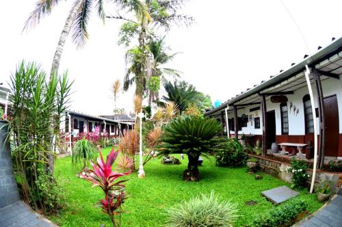 a yard with palm trees and a building at Cantinho da Geisa - suítes mobiliadas in Bertioga