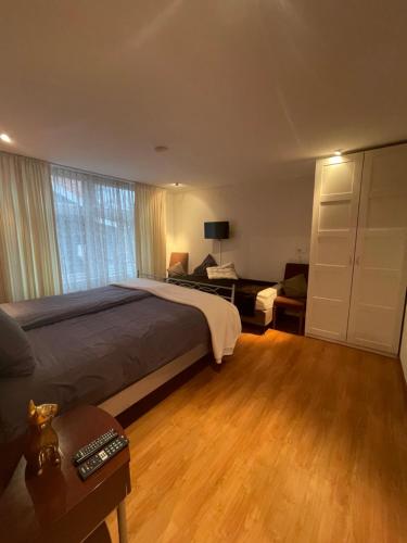 a bedroom with a bed and a desk and a couch at Appartement de Gouw in Noordgouwe