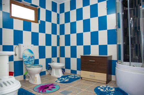 a bathroom with a blue and white tiled wall at Casa Stefania 1 in Călimăneşti