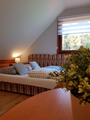 ドゥシュニキ・ズドルイにある"Warszawianka"のベッドルーム1室(青い枕のベッド1台、窓付)