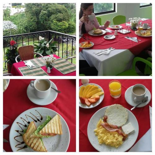 a collage of four pictures of a table with breakfast food at Hotel Pinares Plaza in Pereira