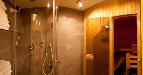 a bathroom with a shower and a walk in shower at Sommerhaus Malmö, App 2 in Wenningstedt