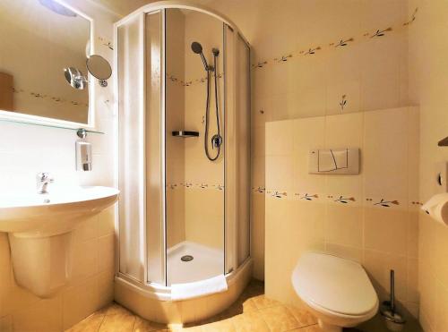 a bathroom with a shower and a toilet and a sink at Harrachovská Hacienda in Harrachov