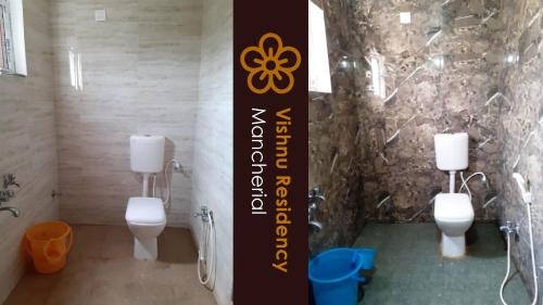 a bathroom with two toilets and a sign in it at Vishnu Residency Mancherial in Mancherāl
