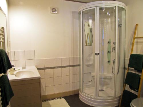 a bathroom with a shower and a sink at Domaine de Lasfonds in Rieupeyroux