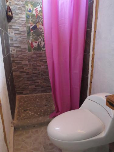a bathroom with a toilet and a pink shower curtain at Tatacoa Star Eco Hotel in Villavieja