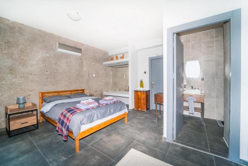 a bedroom with a bed and a bathroom with a sink at Chardonnay Guest Studio Rooms with Great view for nature lovers in Kérynia