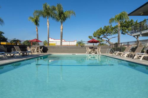 a large swimming pool with chairs and palm trees at Motel 6-Fontana, CA in Fontana