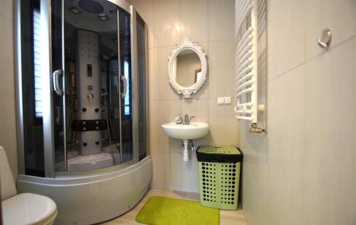 a bathroom with a sink and a toilet and a mirror at Komfortowe domki letniskowe nad jeziorem na Mazurach 2 in Kruklanki