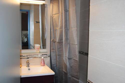 une salle de bain avec un lavabo et un rideau de douche dans l'établissement Antigua, au Barcarès