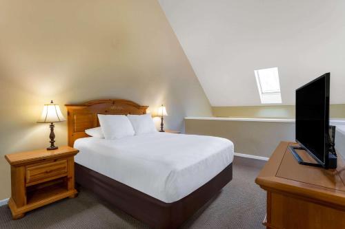 a bedroom with a bed and a flat screen tv at Tamarack Wisconsin Dells, a Ramada by Wyndham in Wisconsin Dells