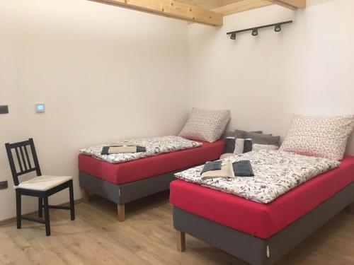2 Betten in einem Zimmer mit Stuhl in der Unterkunft Zahradní dům in Bělkovice
