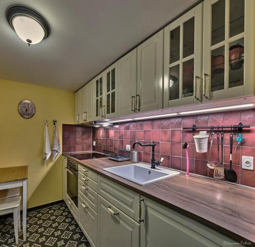 a kitchen with a sink and a counter top at Uelis Stöckli-Familienfreundliche Wohnung auf dem Bauernhof mit Hotpot und Alpakatrekking 