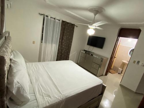 a bedroom with a bed and a ceiling fan at 1Dom Rep - Huge cozy 3 bedrooms - close to all transportation Jacobo Majluta - Residencial Paradise V Colina Arroyo 1 in Santo Domingo