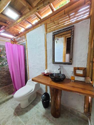 a bathroom with a toilet and a sink and a mirror at Tatacoa Star Eco Hotel in Villavieja