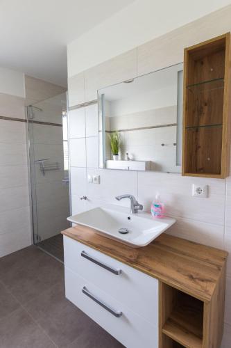 a bathroom with a sink and a mirror at Fewo-Waterkant in Dranske