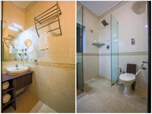 two pictures of a bathroom with a toilet and a shower at The Center Court Resort & Spa in Varca
