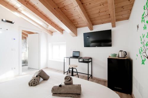 a living room with a tv and a table at Spazio 77 - The House Of Travelers in Como