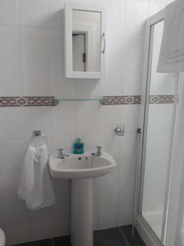 een witte badkamer met een wastafel en een douche bij Ideal one bedroom appartment in Naas Oo Kildare in Naas