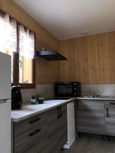 La cuisine est équipée de placards en bois, d'un évier et d'un four micro-ondes. dans l'établissement Les Chalets de la Garenne, à La Ferté-Beauharnais