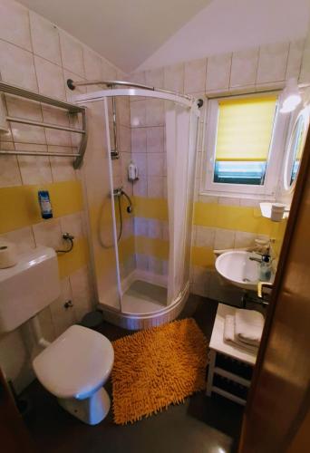 a bathroom with a shower and a toilet and a sink at Holiday Home Subasic in Zlarin