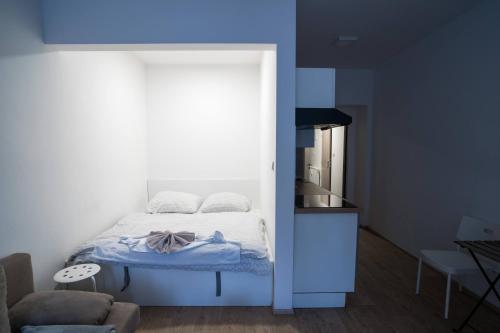 a bedroom with a bed with a blue wall at Haas Apartments Downtown with Parking in Brno