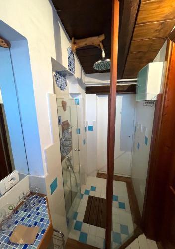 a bathroom with a shower with blue and white tiles at SAN TEODORO PUNTA EST AMPIO TRILOCALE VISTA MARe in Capo Coda Cavallo