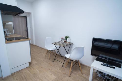 a small kitchen with a table and chairs in a room at Haas Apartments Downtown with Parking in Brno