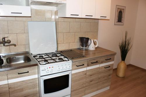 a kitchen with a stove top oven next to a sink at Dom Warszawa/Legionowo in Legionowo