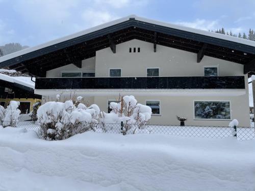 a house covered in snow with bushes in front of it at Appartement Erlbacher in Lungötz
