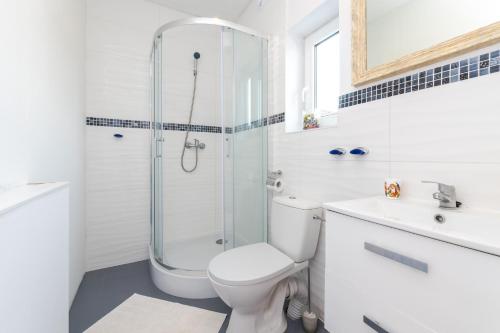a bathroom with a shower and a toilet and a sink at Krystynka in Gąski