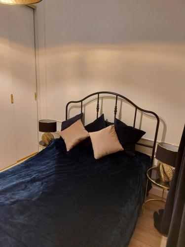 ワルシャワにあるMlociny Apartmentの青いシーツと枕が備わったベッドのある寝室
