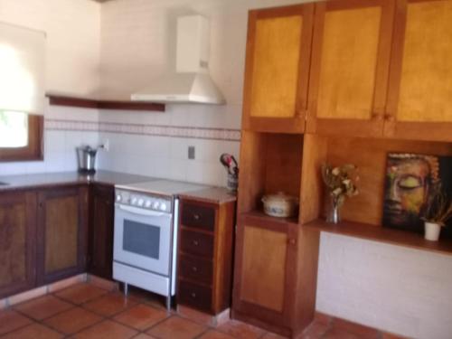 eine Küche mit Holzschränken und einem weißen Herd mit Backofen in der Unterkunft Montoya Jazmin in Punta del Este