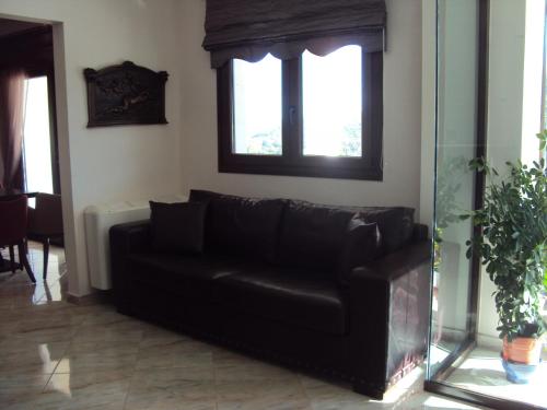 a black couch in a living room with a window at Hotel Terelidis House in Varikón