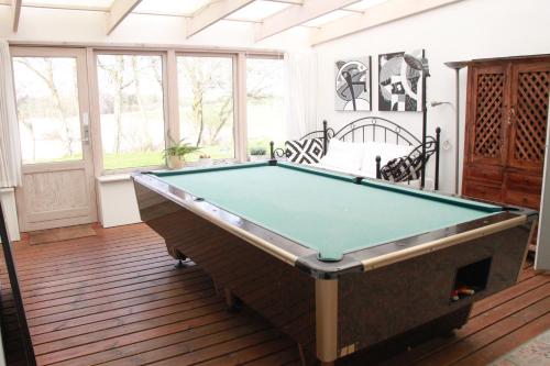 a pool table in a living room with windows at Rolsø Retreat in Knebel