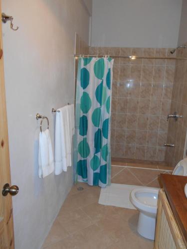 a bathroom with a shower curtain and a toilet at Diamond View Cottages in Roseau
